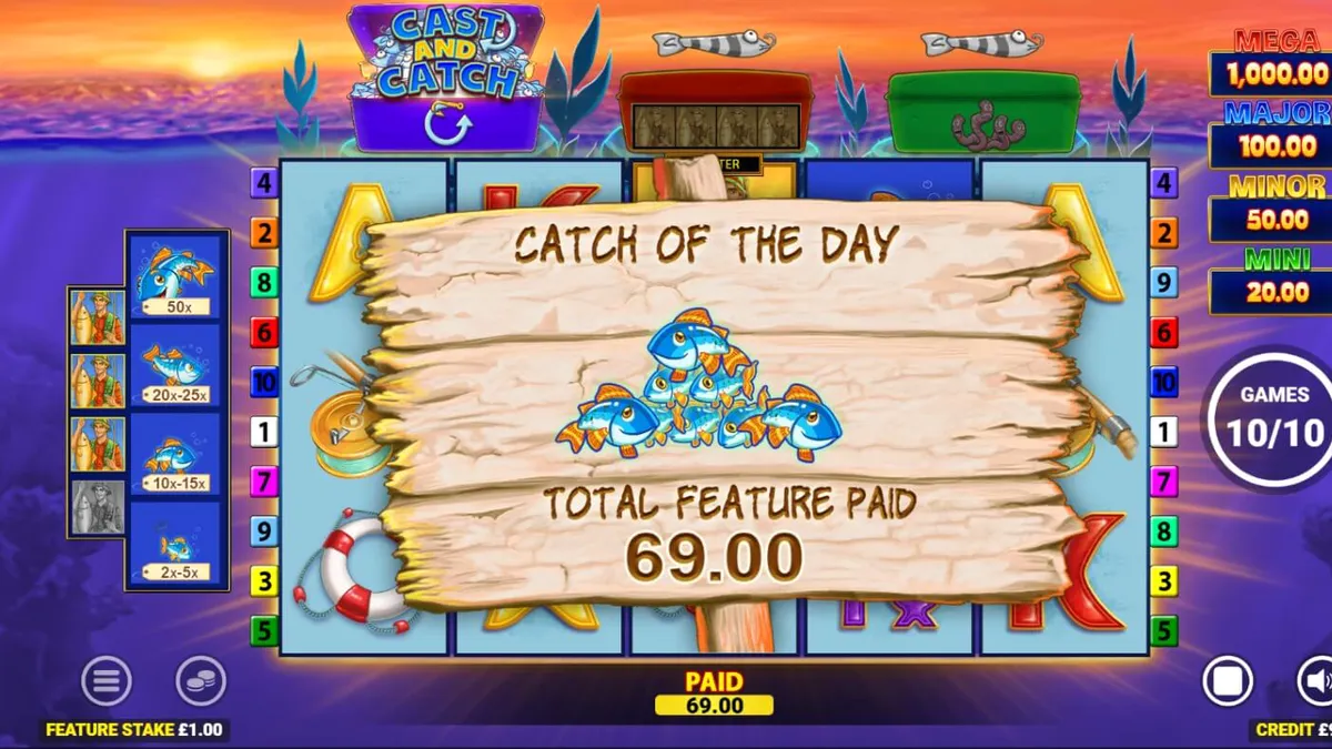 Tampilan antarmuka permainan slot Fishin Frenzy Lure Em In dengan latar belakang danau yang tenang.